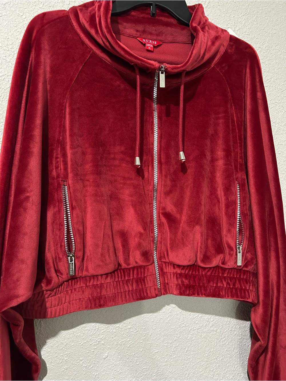Guess Red Velvet Zip-Up Hoodie with Silver Hardware